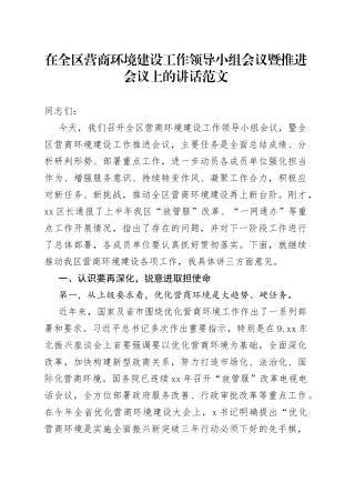 全区营商环境建设工作领导小组会议暨推进会议讲话