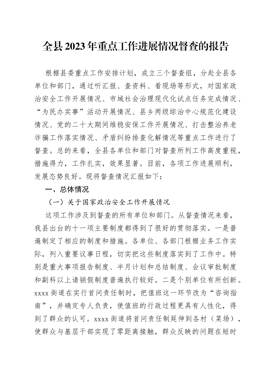 全县2023年重点工作进展情况督查的报告_第1页