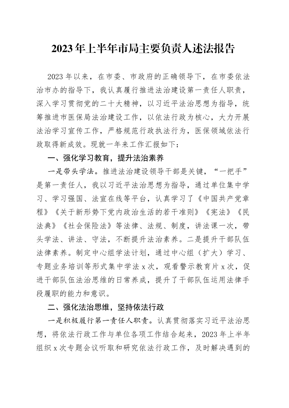 2023年上半年市局主要负责人述法报告_第1页