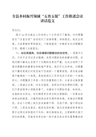 全县乡村振兴领域五查五促工作推进会议讲话