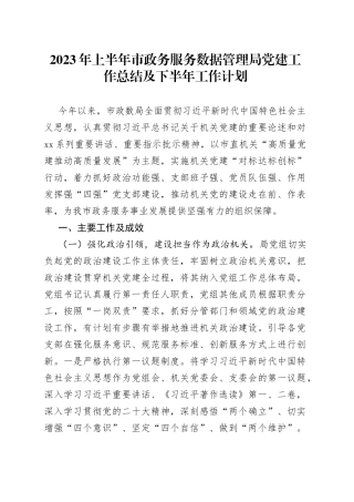 2023年上半年市政务服务数据管理局党建工作总结及下半年工作计划（20230808）