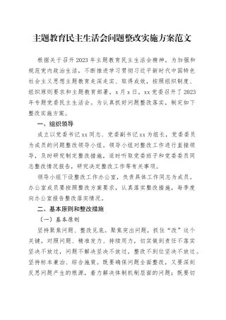 主题教育民主生活会问题整改实施方案20230908