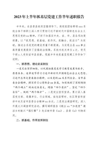 2023年上半年抓基层党建工作半年述职报告