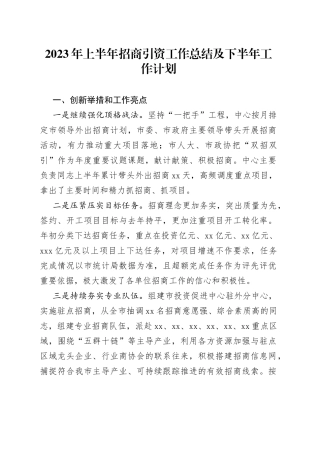 2023年上半年招商引资工作总结及下半年工作计划（20230628）