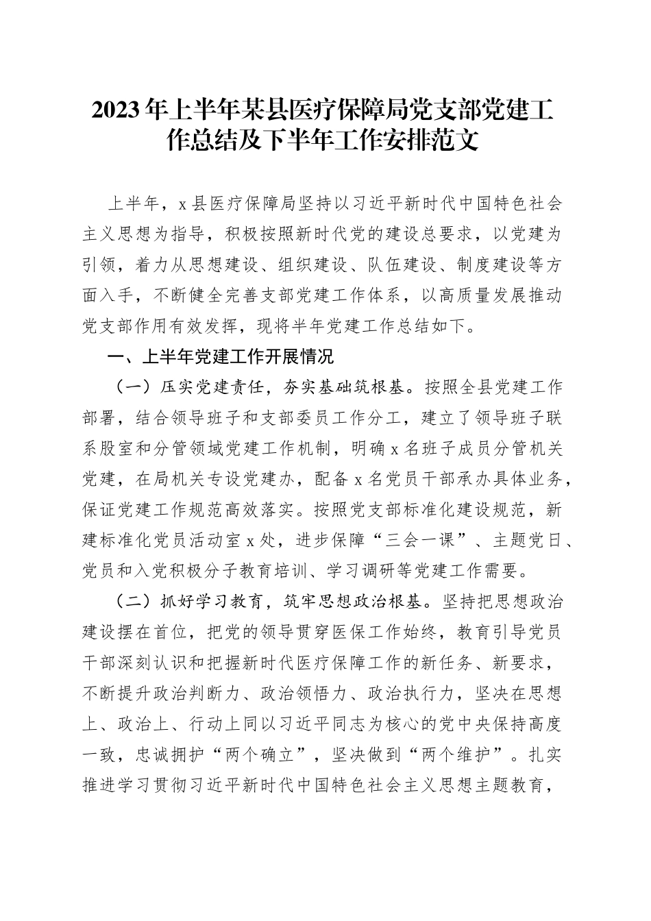 2023年上半年某县医疗保障局党支部党建工作总结及下半年工作安排_第1页