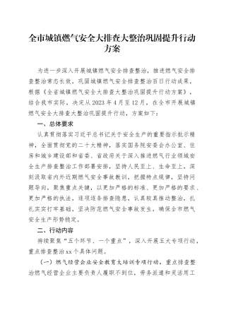 全市城镇燃气安全大排查大整治巩固提升行动方案