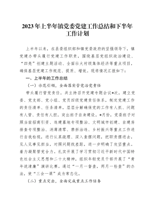 2023年上半年镇党委党建工作总结和下半年工作计划