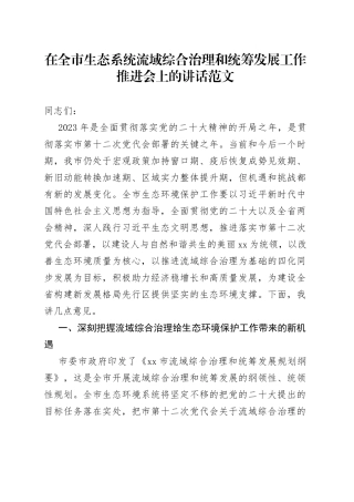 全市生态系统流域综合治理和统筹发展工作推进会议讲话