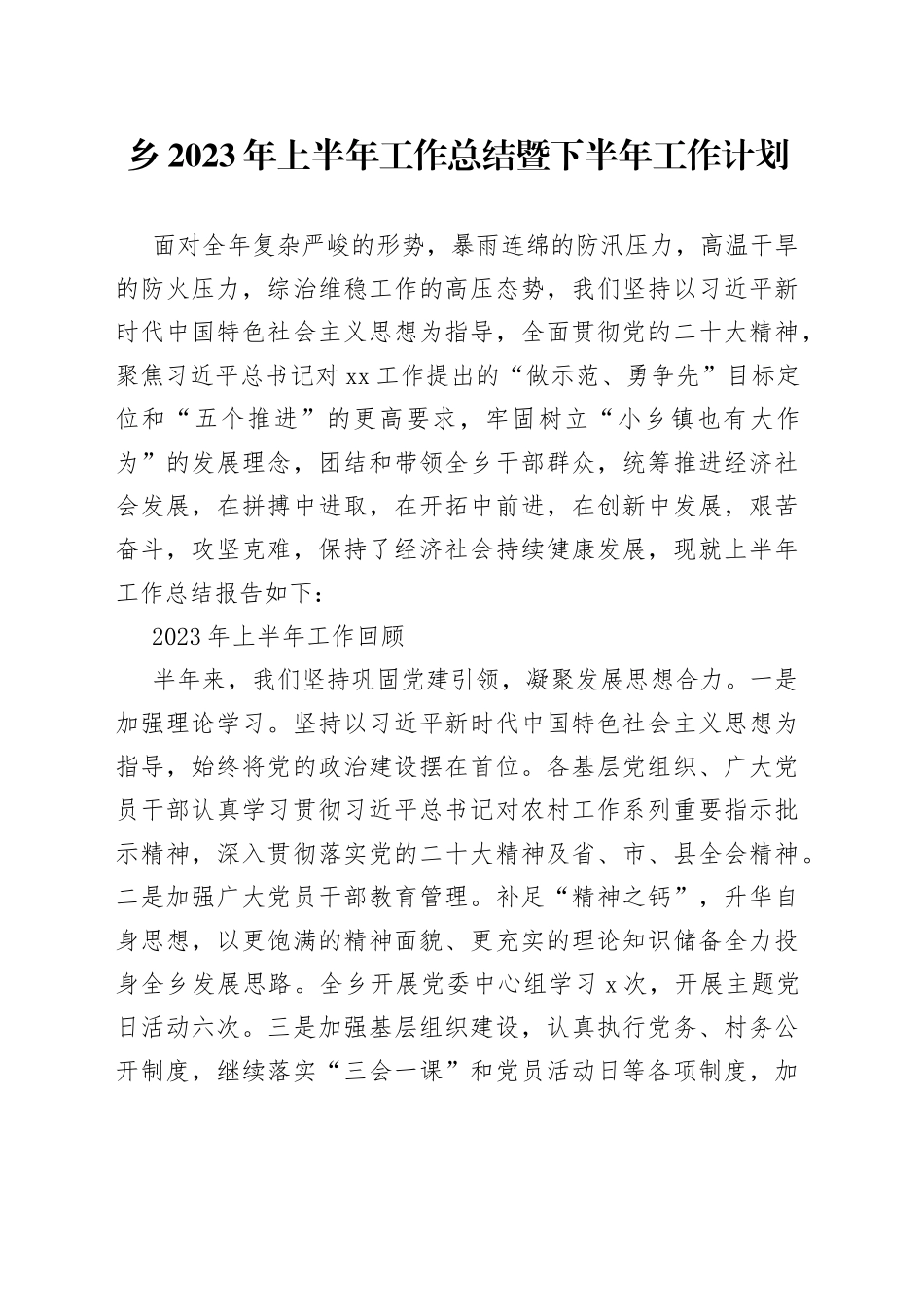 乡2023年上半年工作总结暨下半年工作计划（20230626）_第1页