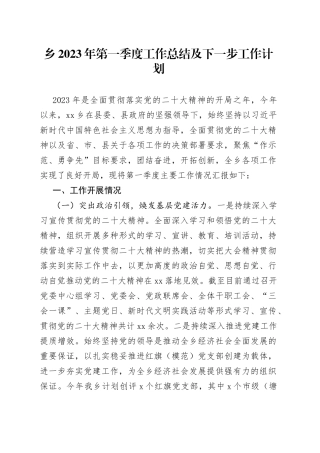 乡2023年第一季度工作总结及下一步工作计划（20230606）