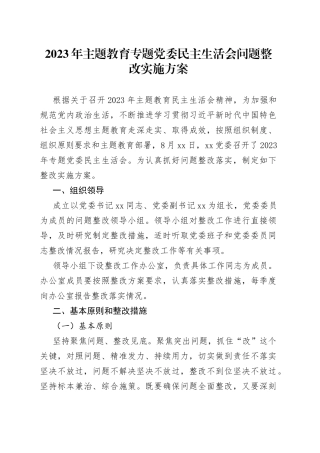 2023年主题教育专题党委民主生活会问题整改实施方案