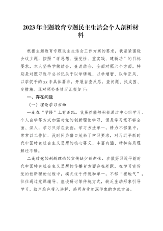 2023年主题教育专题民主生活会个人剖析材料