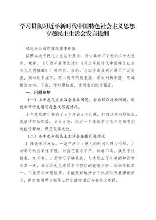 2023年主题教育专题民主生活会个人发言提纲——机电分公司经理助理