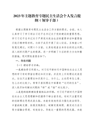 2023年主题教育专题民主生活会个人发言提纲（领导干部）