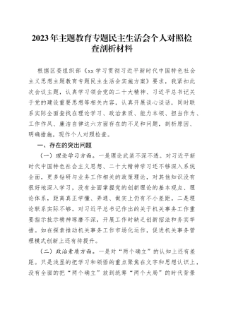 2023年主题教育专题民主生活会个人对照检查剖析材料