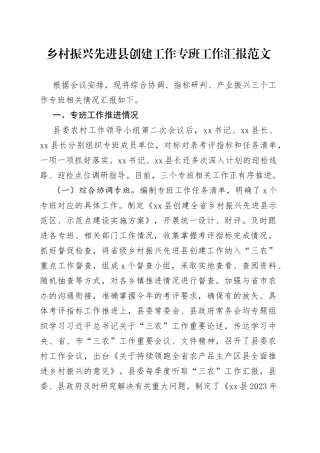 乡村振兴先进县创建工作专班工作汇报总结报告