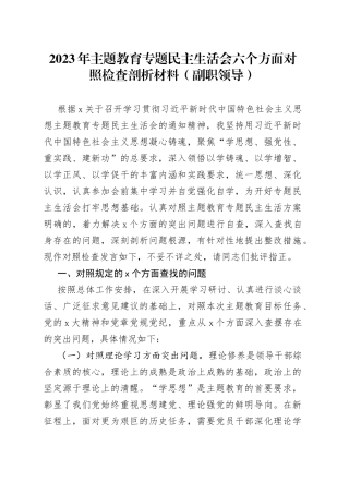 2023年主题教育专题民主生活会六个方面对照检查剖析材料（副职领导）