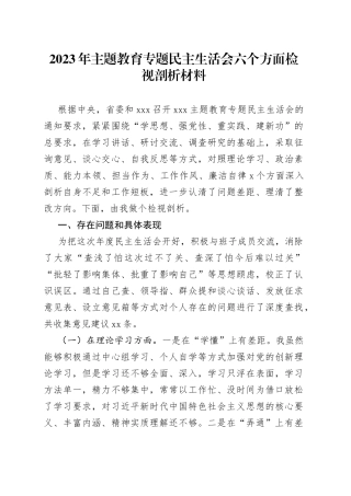 2023年主题教育专题民主生活会六个方面检视剖析材料20230823