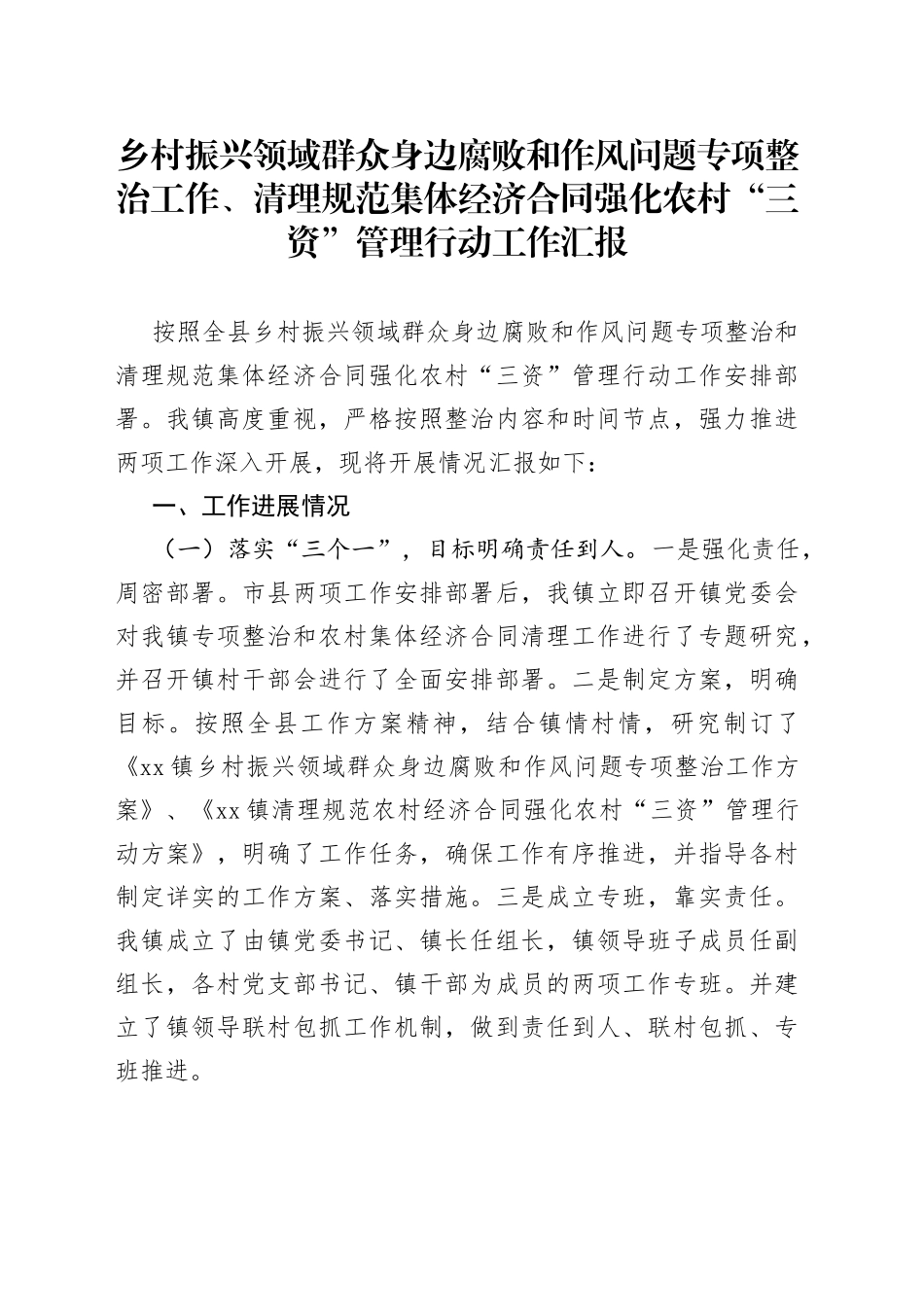 乡村振兴领域群众身边腐败和作风问题专项整治工作、清理规范集体经济合同强化农村“三资”管理行动工作汇报_第1页