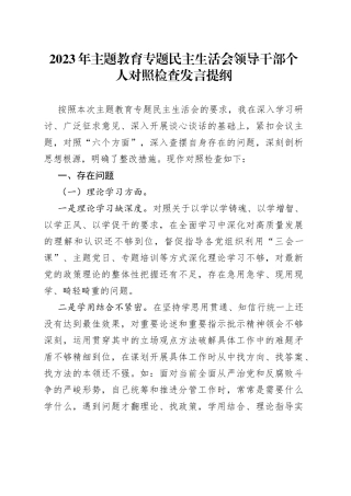 2023年主题教育专题民主生活会领导干部个人的对照检查发言提纲