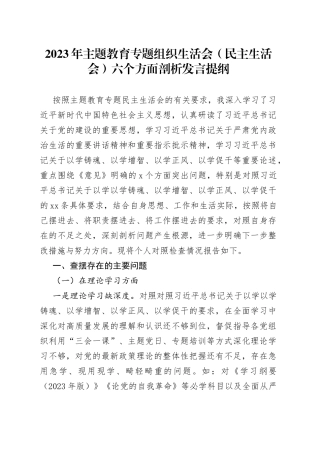 2023年主题教育专题组织生活会（民主生活会）六个方面剖析发言提纲