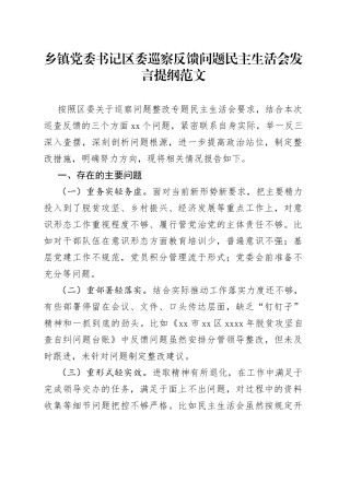 乡镇街道书记区委巡察反馈问题民主生活会发言提纲（个人对照检查，检视剖析材料）