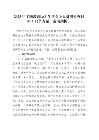 2023年主题教育民主生活会个人对照检查材料（六个方面、案例剖析）2023年8月