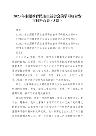 2023年主题教育民主生活会会前学习研讨发言材料合集（3篇）