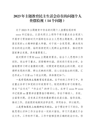 2023年主题教育民主生活会存在的问题个人查摆检视（15个问题）