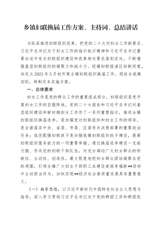乡镇街道妇联换届工作方案、主持词、总结讲话