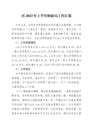 区2023年上半年财政局工作汇报