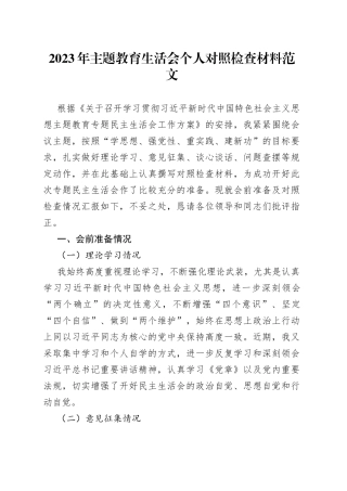 2023年主题教育生活会个人对照检查材料（学习、素质、能力、担当、作风，检视剖析，发言提纲）