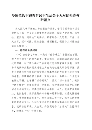乡镇街道镇长主题教育民主生活会个人对照检查材料（学习、素质、能力、担当作为、作风、廉洁，检视剖析，六个方面自查发言提纲）