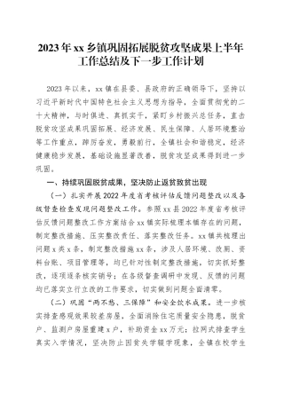 2023年乡镇巩固拓展脱贫攻坚成果上半年工作总结及下一步工作计划