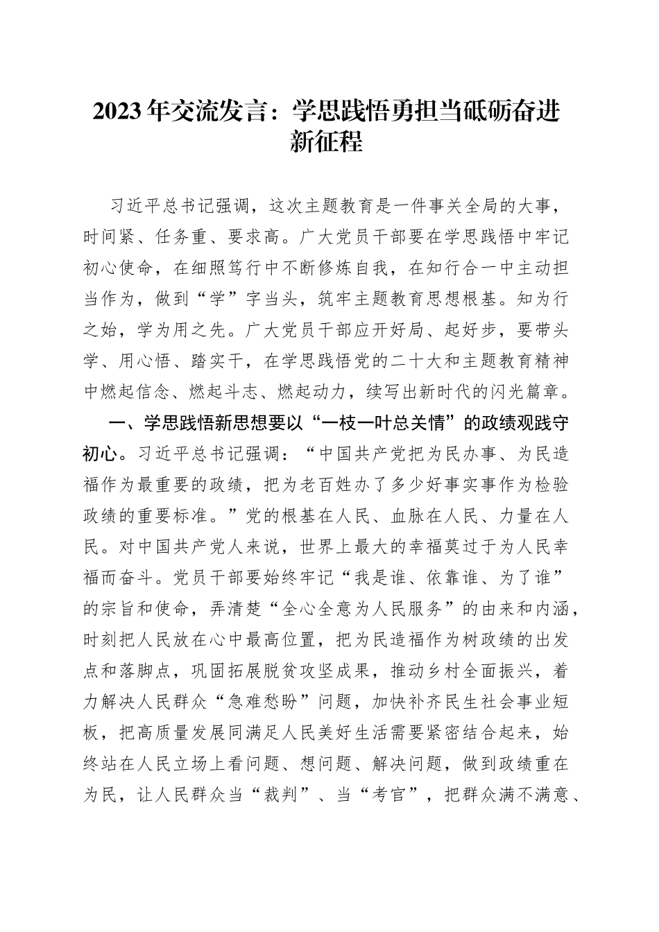 2023年交流发言：学思践悟勇担当砥砺奋进新征程_第1页