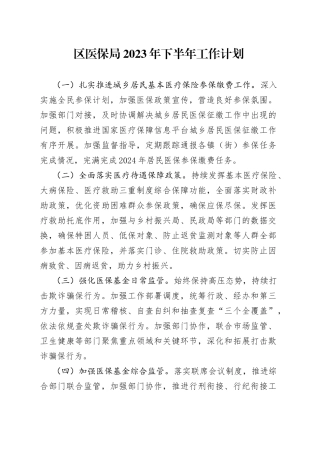 区医保局2023年下半年工作计划