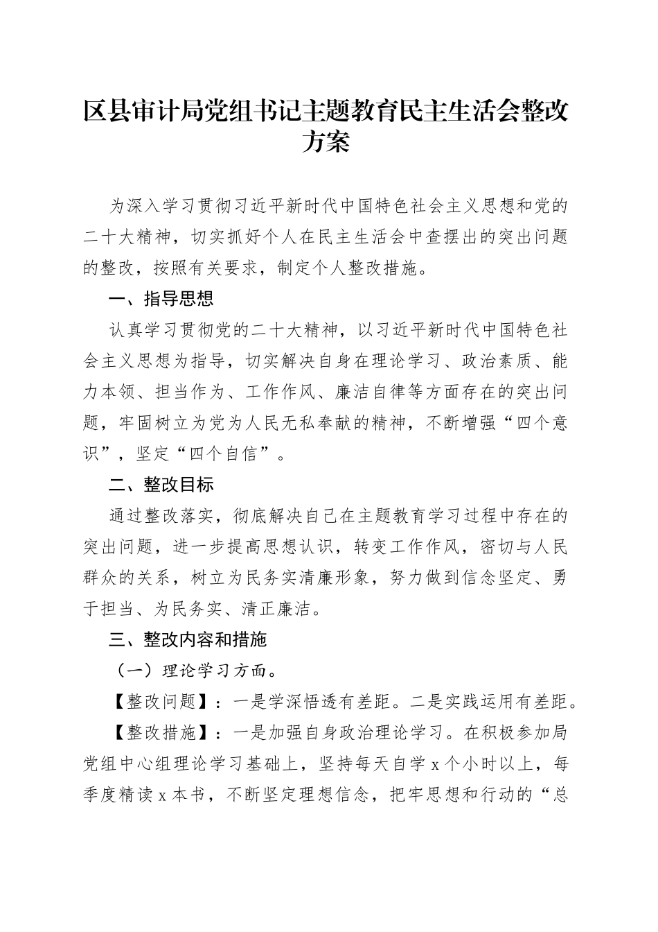 区县审计局党组书记主题教育民主生活会整改方案_第1页