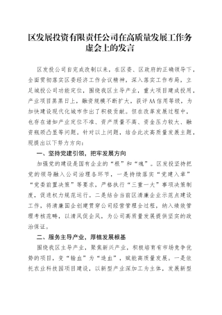 区发展投资有限责任公司在高质量发展工作务虚会上的发言