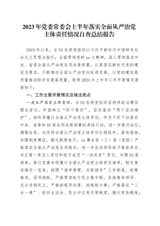 2023年党委常委会上半年落实全面从严治党主体责任情况自查总结报告