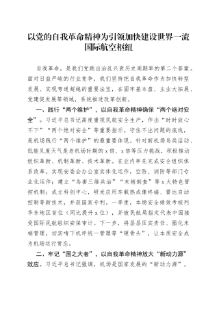 以党的自我革命精神为引领  加快建设世界一流国际航空枢纽