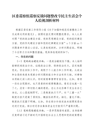 区委巡察组巡察反馈问题整改专民主生活会个人检视剖析材料
