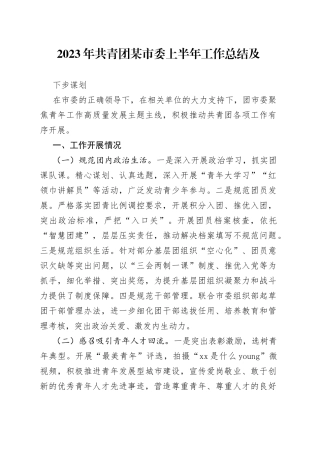 2023年共青团某市委上半年工作总结及下步谋划