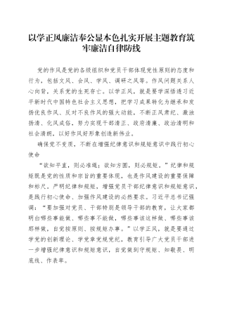 以学正风廉洁奉公显本色 扎实开展主题教育 筑牢廉洁自律防线