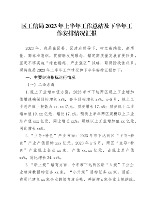 区工信局2023年上半年工作总结及下半年工作安排情况汇报（20230630）
