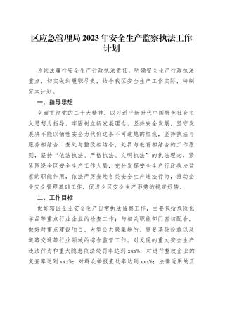 区应急管理局2023年安全生产监察执法工作计划