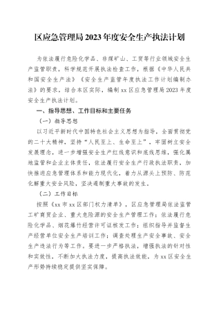 区应急管理局2023年度安全生产执法计划
