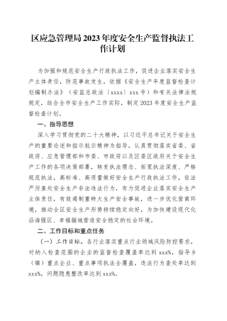 区应急管理局2023年度安全生产监督执法工作计划(1)