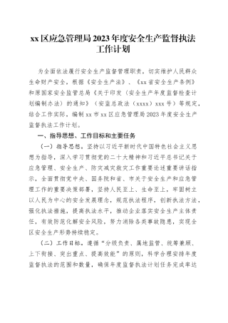区应急管理局2023年度安全生产监督执法工作计划