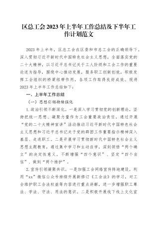 区总工会2023年上半年工作总结及下半年计划（汇报报告）