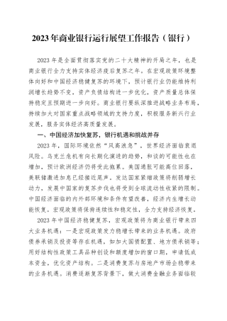 2023年商业银行运行展望工作报告（银行）